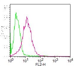 Figure-2: Cell surface FLOW analysis of Anti-human TLR4/MD2 (10-3520) antibody using TLR4/IL8 Leeporter™ Luciferase reporter HeLa cell line (ABEOMICS, Cat. No. 14-124ACL), which stably expresses human TLR4, MD-2 and CD14 (Refer to Cat. No. 14-124ACL for more information on this reporter cell line). Green represents Isotype control (ABEOMICS, Cat. No. 10-103), Red represents Anti-human TLR4/MD2 antibody (10-3520). 0.5 µg/10^6 cells were used. PE conjugated Goat anti-mouse was used as secondary antibody.