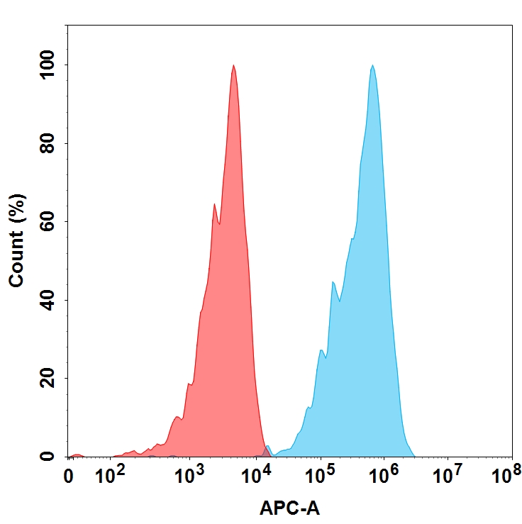 Figure 3. Flow cytometry analysis with 15 µg/mL Anti-Her2 (trastuzumab) mAb on Expi293 cells transfected with Human Her2 protein (Blue histogram) or Expi293 transfected with irrelevant protein (Red histogram).