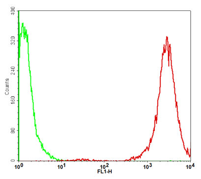 Fig-2: Detection of GFP in the GFP/HEK293 stable cell line through flow cytometry . Parental HEK293 cells (Green); GFP/HEK293 cells (Red).