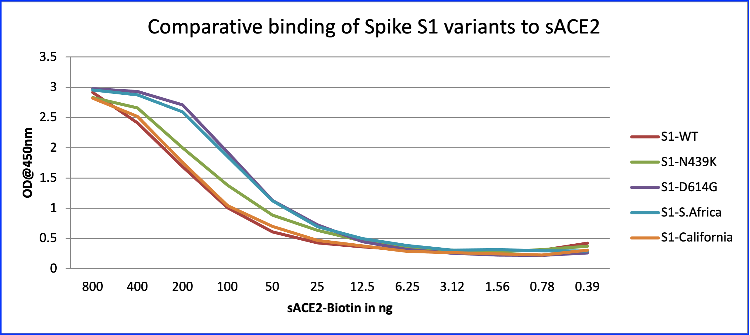 Figure-3: Comparative binding of Spike S1 variants to sACE2: Wells of a 96-well microtiter plate were coated with 100 ng in duplicates each of S1-WT (Cat# 21-1008), S1-N439K (Cat# 21-1012), S1-D614G (Cat# 21-1009), S1-South Africa (Cat# 21-1017), and S1-Southern California (Cat# 21-1018). Binding to sACE2 was determined by adding different concentrations of biotinylated-sACE2 (Cat# 21-1006).