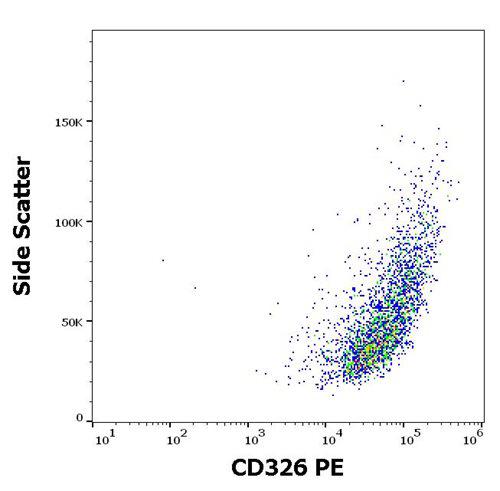 Figure 1 : Flow cytometry surface staining pattern of MCF-7 cell line suspension stained using anti-human CD326 (323/A3) PE antibody (10 µl reagent per million cells in 100 µl of cell suspension).