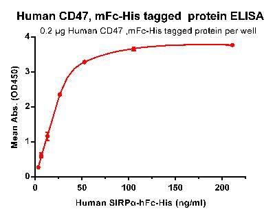 Figure 2. ELISA plate pre-coated by 2 µg/ml (100 µl/well) Human CD47, mFc-His tagged protein  can bind its native ligand Human SIRP alpha, hFc-His tagged protein  in a linear range of 3.3-26.37 ng/ml.