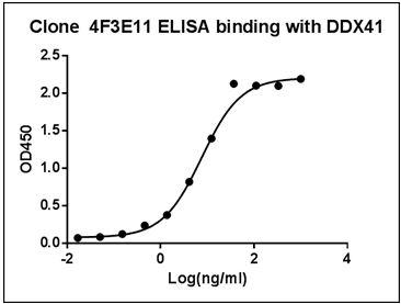 Figure-1 : ELISA binding of DDX41 Antibody (Clone: 4F3E11) with Human DDX41 recombinant protein, Coating antigen: DDX41 at 1 µg/ml, DDX41 antibody dilution start from 1000 ng/ml, EC50= 7.589 ng/ml.