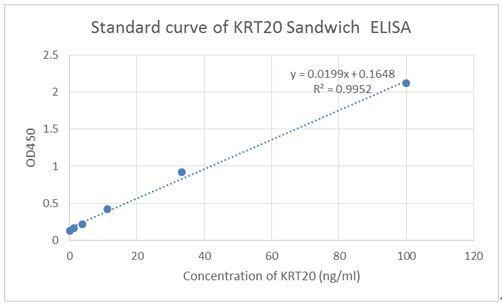 Figure-2 : Standard curve of KRT20 Sandwich ELISA, The KRT20 Sandwich ELISA assay is developed by using Human KRT20 Antibody (Clone: 13F8) and Biotin conjugated Human KRT20 Antibody (Clone: 5G4) as capture and detect antibody respectively, The sensitivity is <1 ng/ml and the detection range is 0-100 ng/ml.