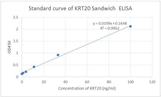Figure-2 : Standard curve of KRT20 Sandwich ELISA. The KRT20 Sandwich ELISA assay is developed by using Human KRT20 Antibody (Clone: 13F8) and Biotin conjugated Human KRT20 Antibody (Clone: 5G4) as capture and detect antibody respectively, The sensitivity is <1 ng/ml and the detection range is 0-100 ng/ml.